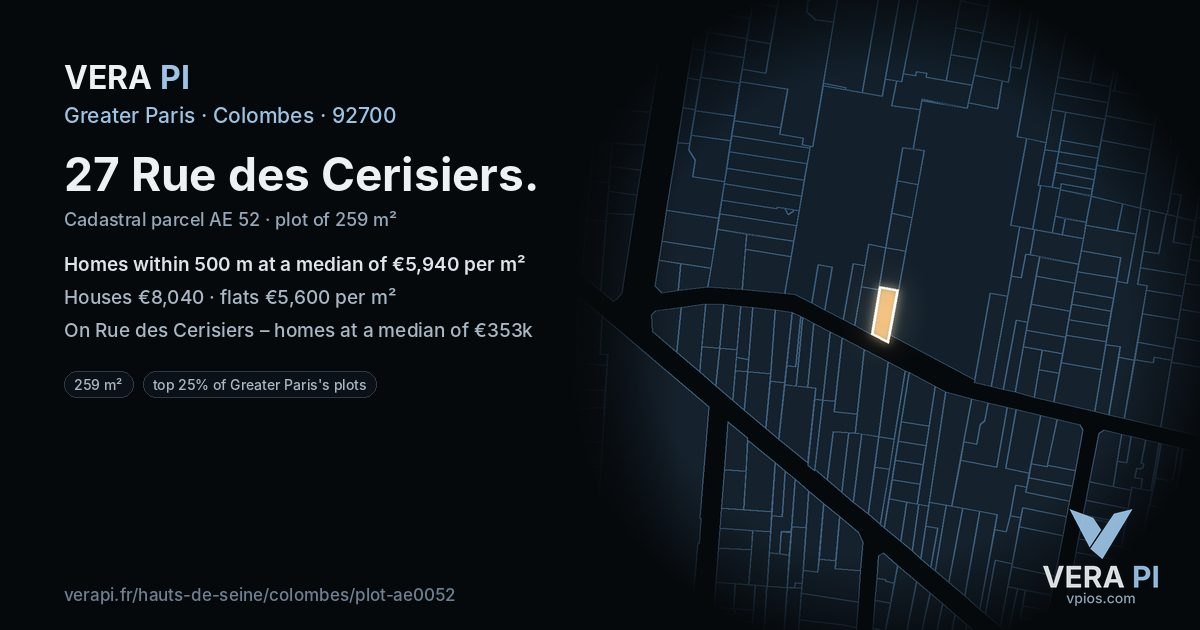 27 Rue des Cerisiers, Colombes at night – the plot lit, the parcels around coloured by the prices near them