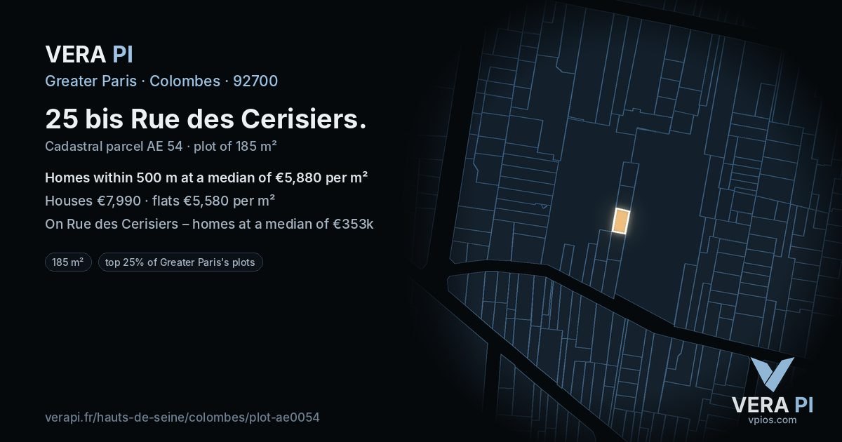 25 bis Rue des Cerisiers, Colombes at night – the plot lit, the parcels around coloured by the prices near them