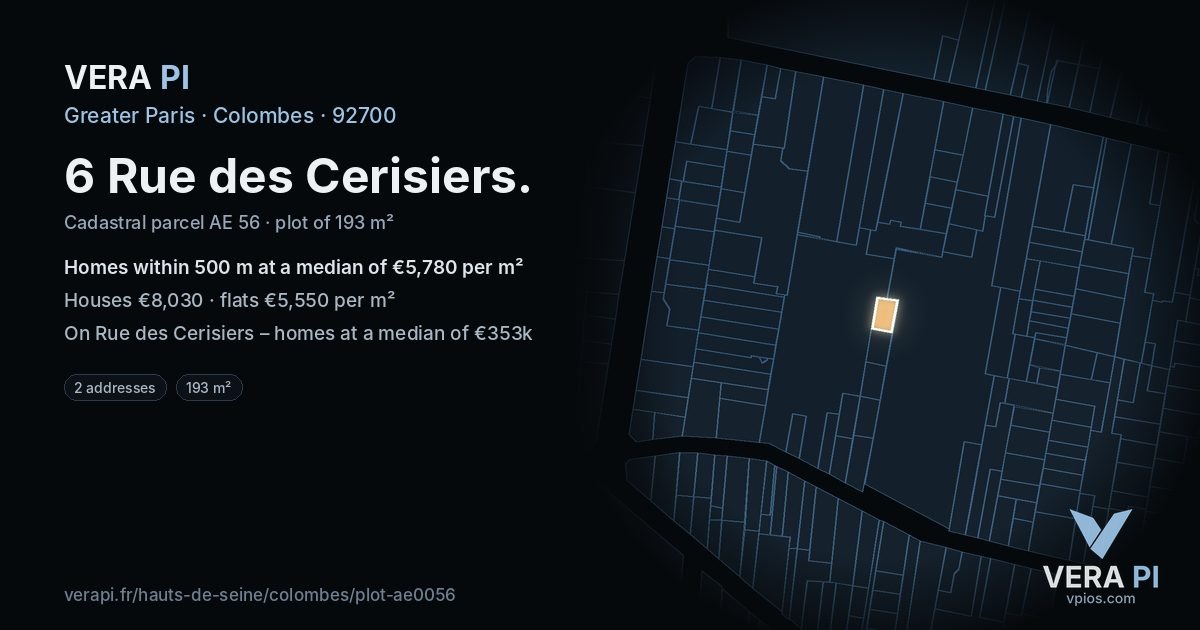 6 Rue des Cerisiers, Colombes at night – the plot lit, the parcels around coloured by the prices near them