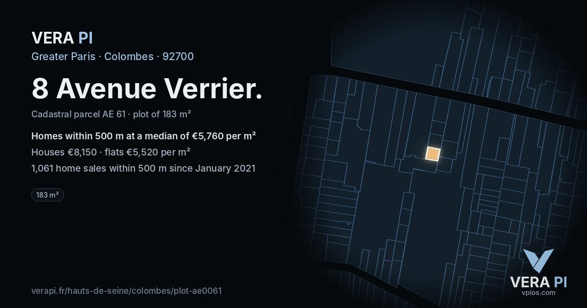 8 Avenue Verrier, Colombes at night – the plot lit, the parcels around coloured by the prices near them