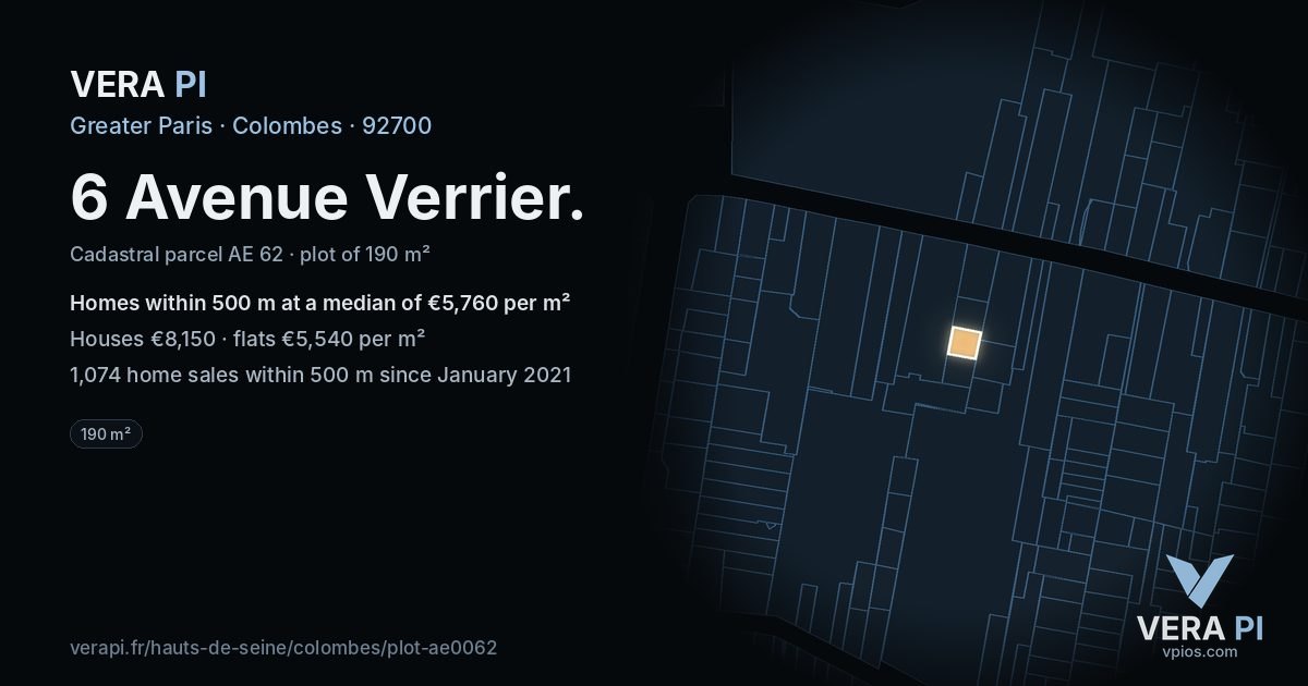 6 Avenue Verrier, Colombes at night – the plot lit, the parcels around coloured by the prices near them