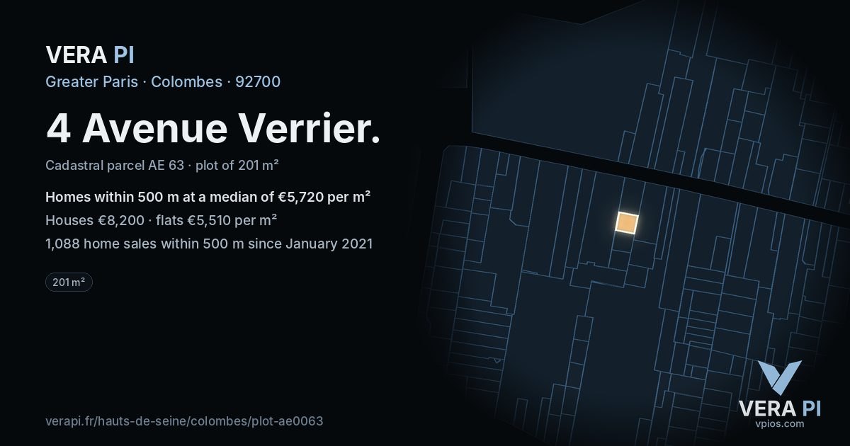 4 Avenue Verrier, Colombes at night – the plot lit, the parcels around coloured by the prices near them