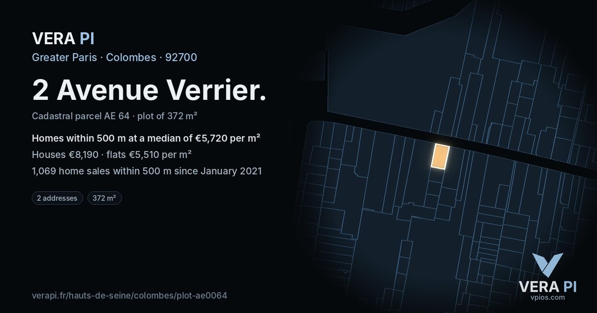 2 Avenue Verrier, Colombes at night – the plot lit, the parcels around coloured by the prices near them