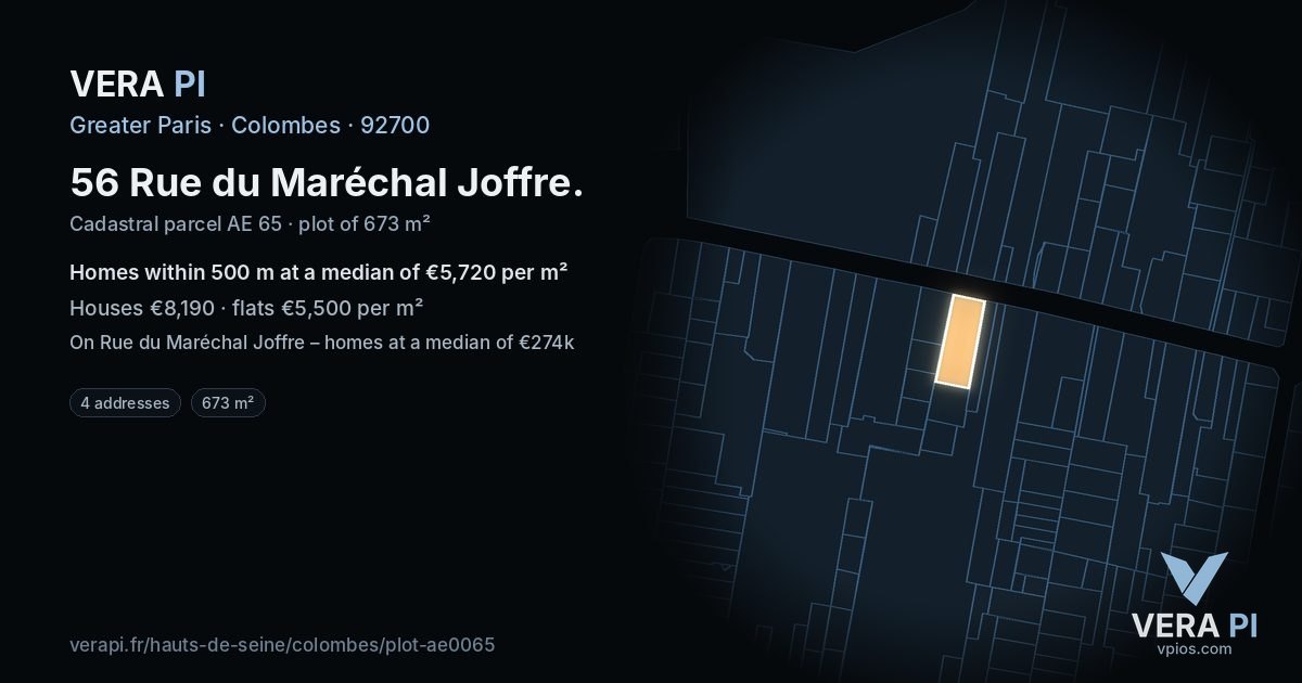 56 Rue du Maréchal Joffre, Colombes at night – the plot lit, the parcels around coloured by the prices near them