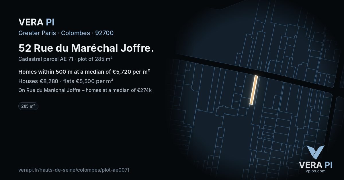 52 Rue du Maréchal Joffre, Colombes at night – the plot lit, the parcels around coloured by the prices near them