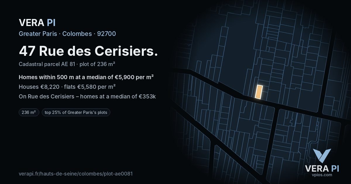 47 Rue des Cerisiers, Colombes at night – the plot lit, the parcels around coloured by the prices near them