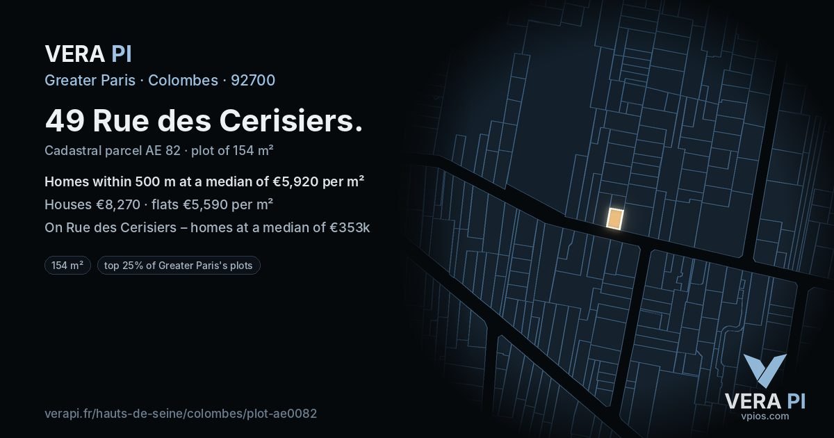 49 Rue des Cerisiers, Colombes at night – the plot lit, the parcels around coloured by the prices near them