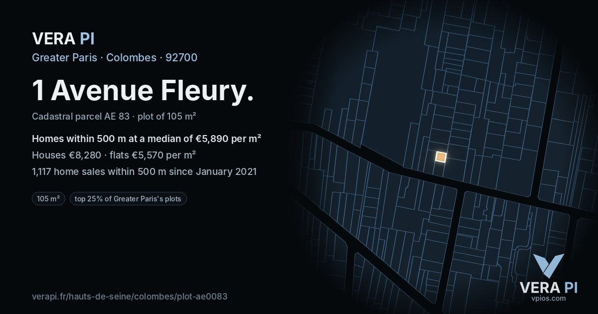 1 Avenue Fleury, Colombes at night – the plot lit, the parcels around coloured by the prices near them