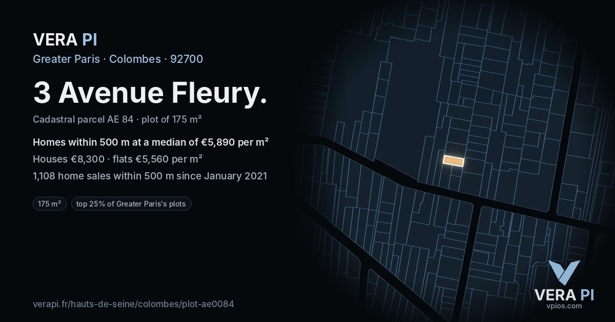 3 Avenue Fleury, Colombes at night – the plot lit, the parcels around coloured by the prices near them