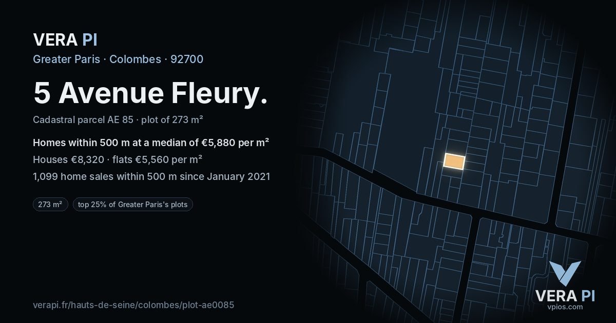 5 Avenue Fleury, Colombes at night – the plot lit, the parcels around coloured by the prices near them