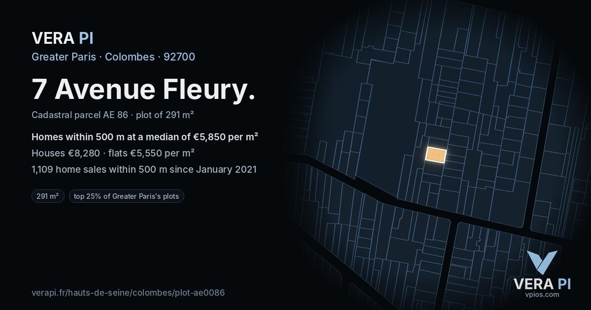 7 Avenue Fleury, Colombes at night – the plot lit, the parcels around coloured by the prices near them