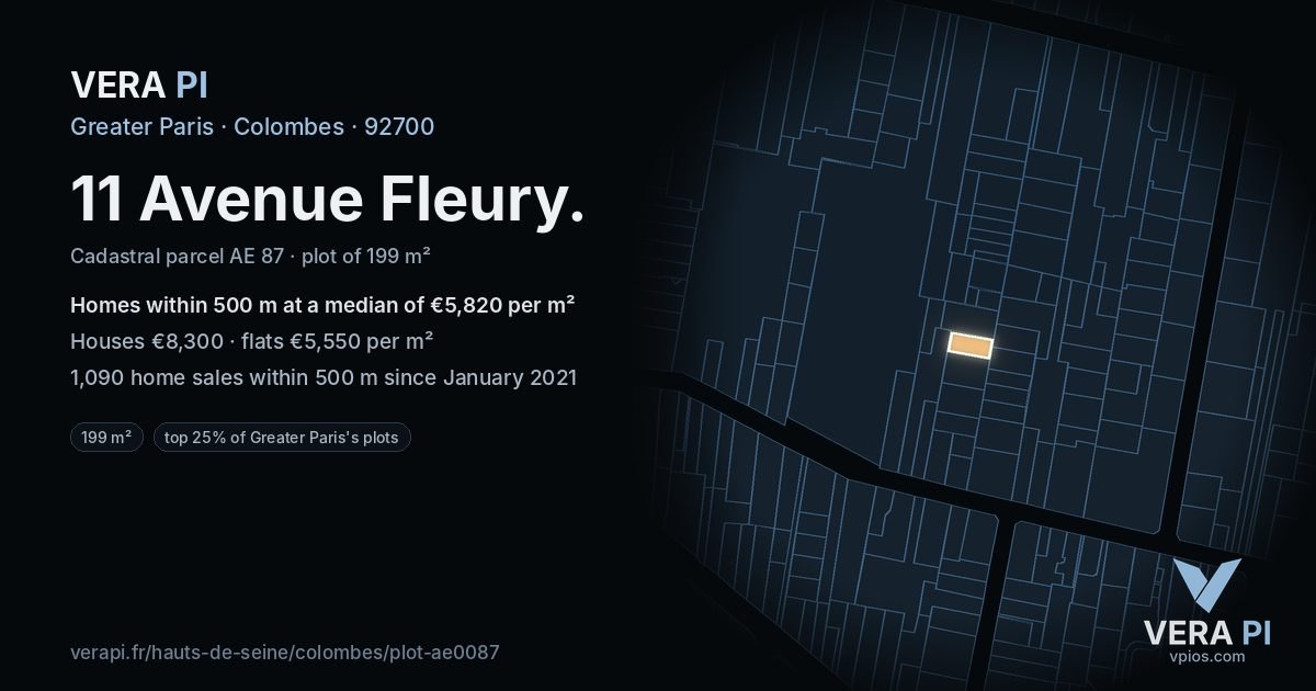 11 Avenue Fleury, Colombes at night – the plot lit, the parcels around coloured by the prices near them