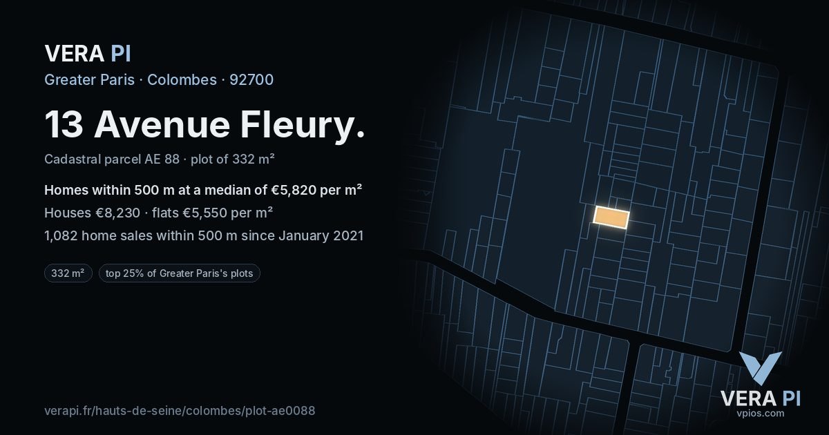 13 Avenue Fleury, Colombes at night – the plot lit, the parcels around coloured by the prices near them