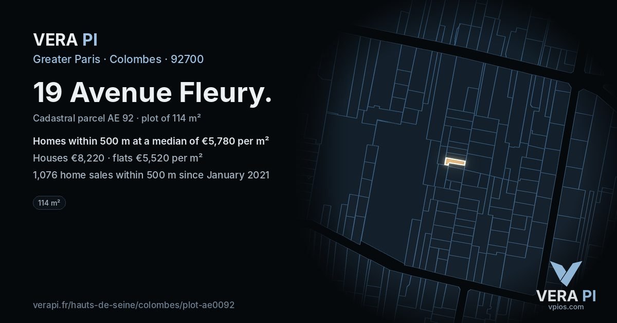 19 Avenue Fleury, Colombes at night – the plot lit, the parcels around coloured by the prices near them