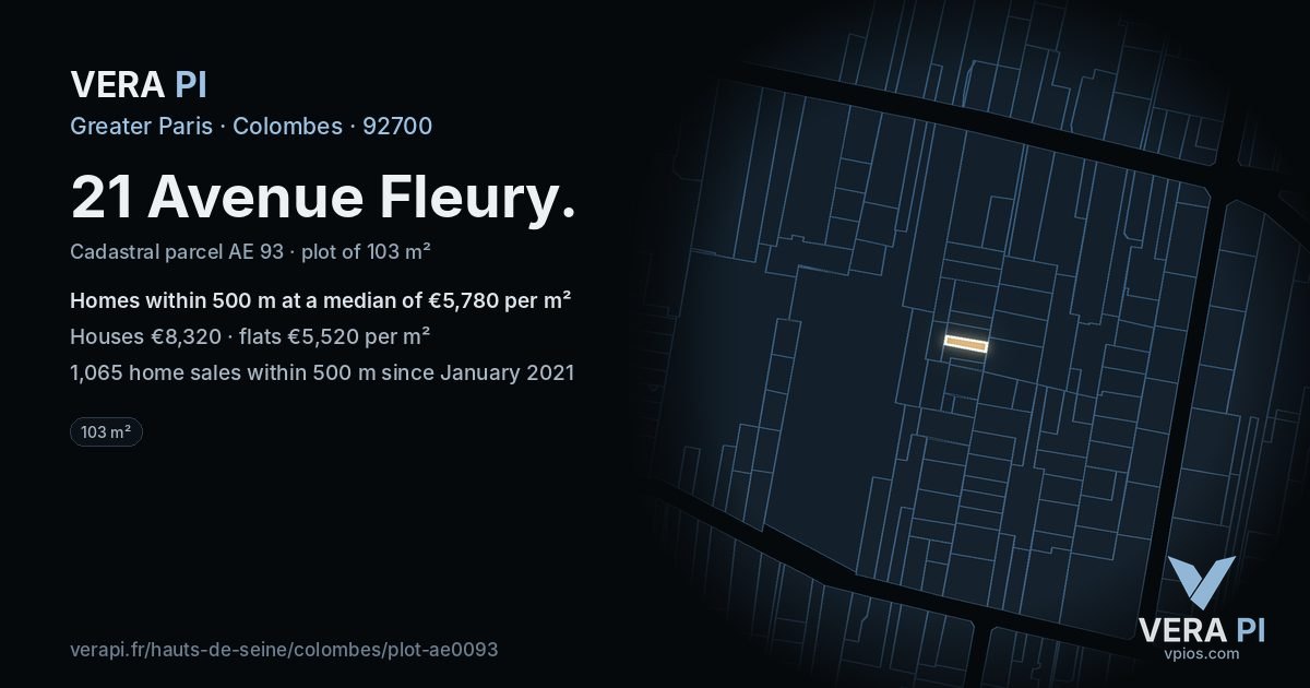 21 Avenue Fleury, Colombes at night – the plot lit, the parcels around coloured by the prices near them