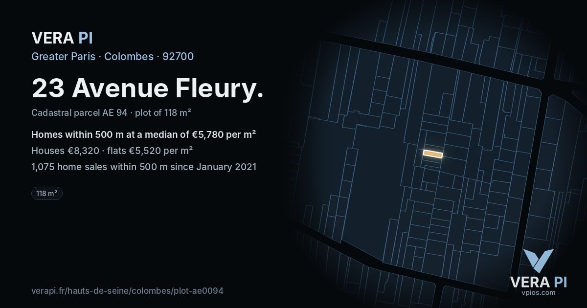 23 Avenue Fleury, Colombes at night – the plot lit, the parcels around coloured by the prices near them