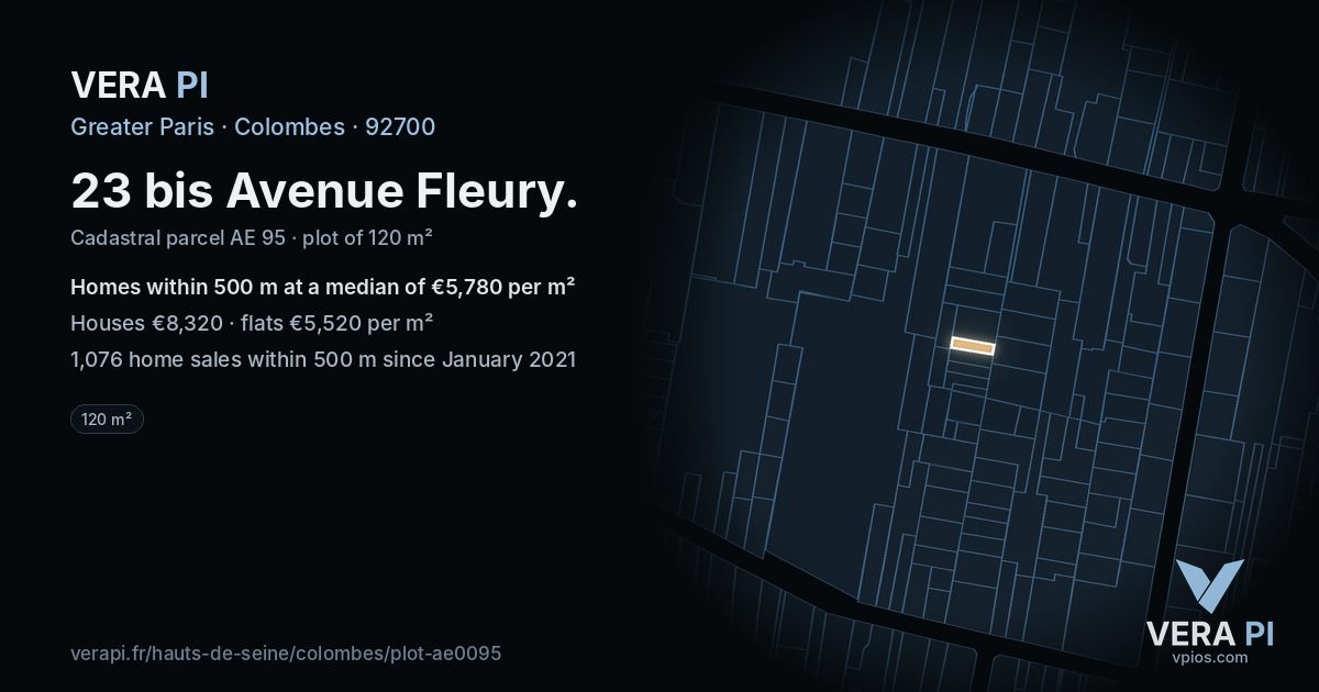 23 bis Avenue Fleury, Colombes at night – the plot lit, the parcels around coloured by the prices near them