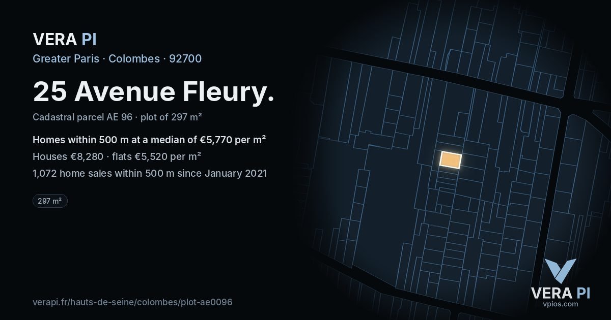 25 Avenue Fleury, Colombes at night – the plot lit, the parcels around coloured by the prices near them