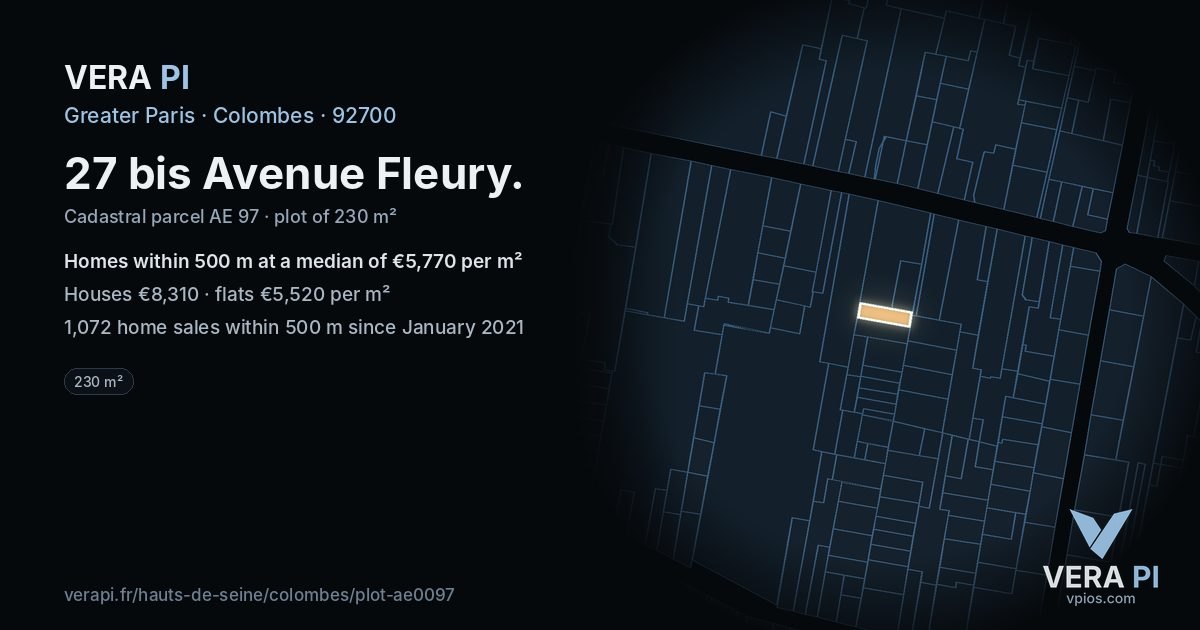 27 bis Avenue Fleury, Colombes at night – the plot lit, the parcels around coloured by the prices near them