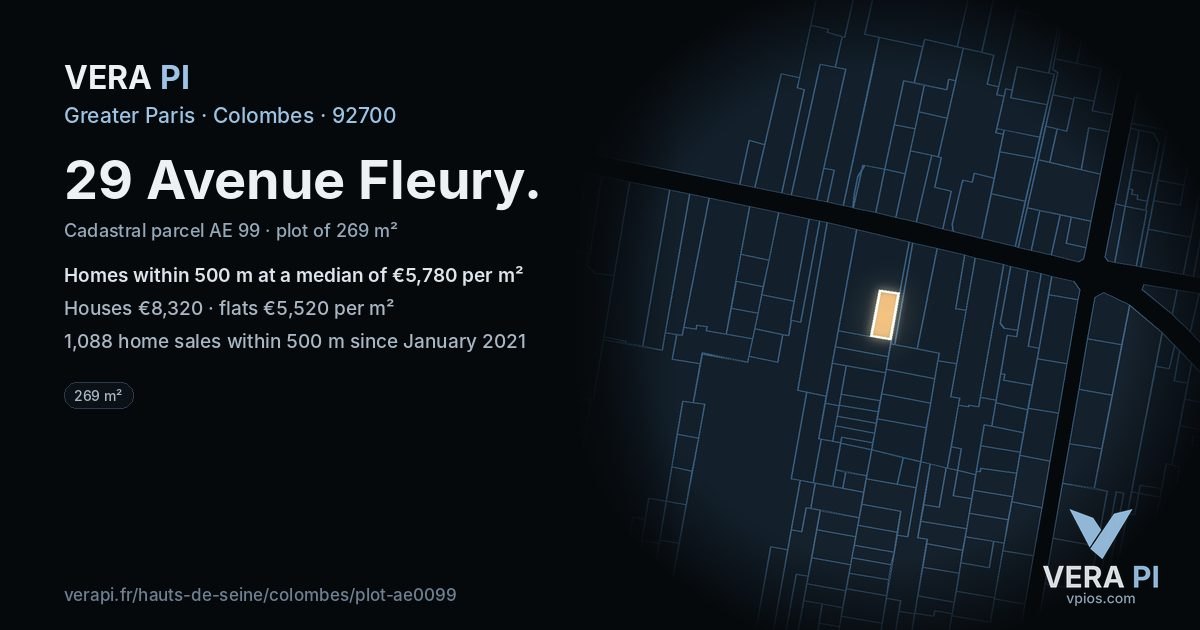 29 Avenue Fleury, Colombes at night – the plot lit, the parcels around coloured by the prices near them