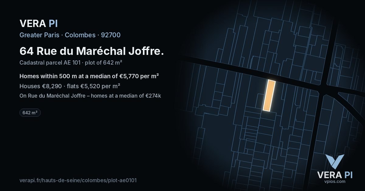 64 Rue du Maréchal Joffre, Colombes at night – the plot lit, the parcels around coloured by the prices near them