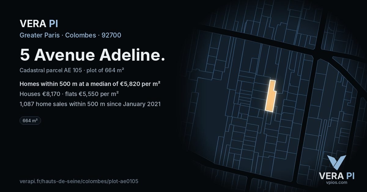 5 Avenue Adeline, Colombes at night – the plot lit, the parcels around coloured by the prices near them