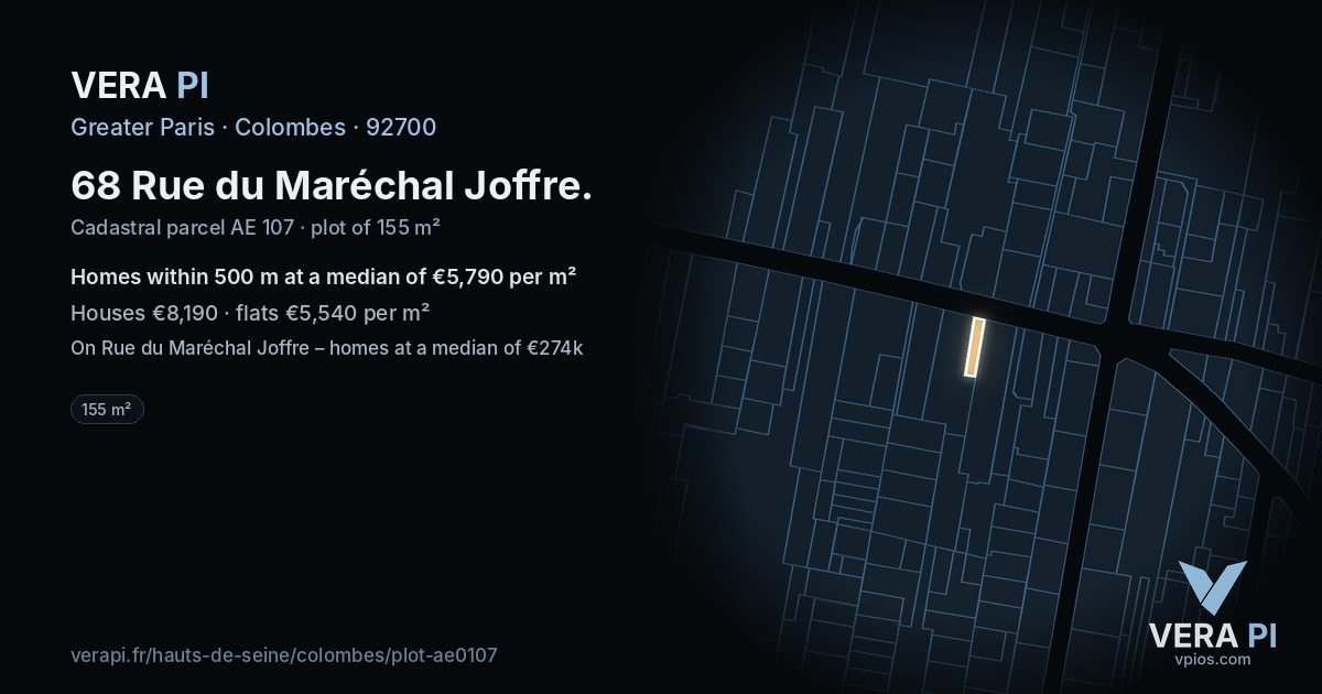 68 Rue du Maréchal Joffre, Colombes at night – the plot lit, the parcels around coloured by the prices near them