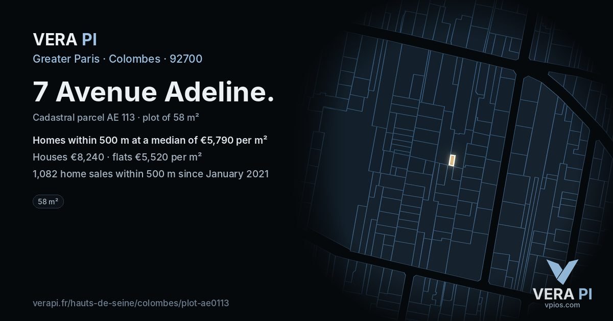 7 Avenue Adeline, Colombes at night – the plot lit, the parcels around coloured by the prices near them