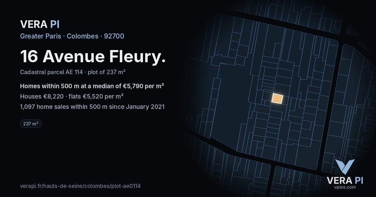 16 Avenue Fleury, Colombes at night – the plot lit, the parcels around coloured by the prices near them