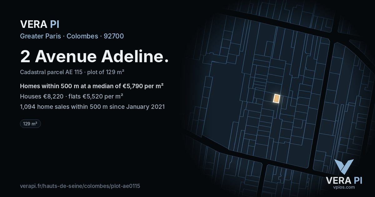 2 Avenue Adeline, Colombes at night – the plot lit, the parcels around coloured by the prices near them