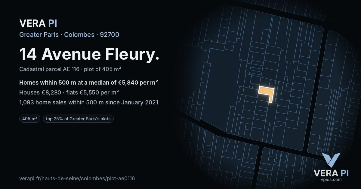 14 Avenue Fleury, Colombes at night – the plot lit, the parcels around coloured by the prices near them