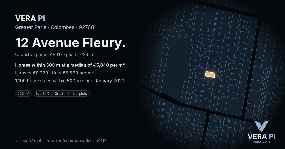 12 Avenue Fleury, Colombes at night – the plot lit, the parcels around coloured by the prices near them