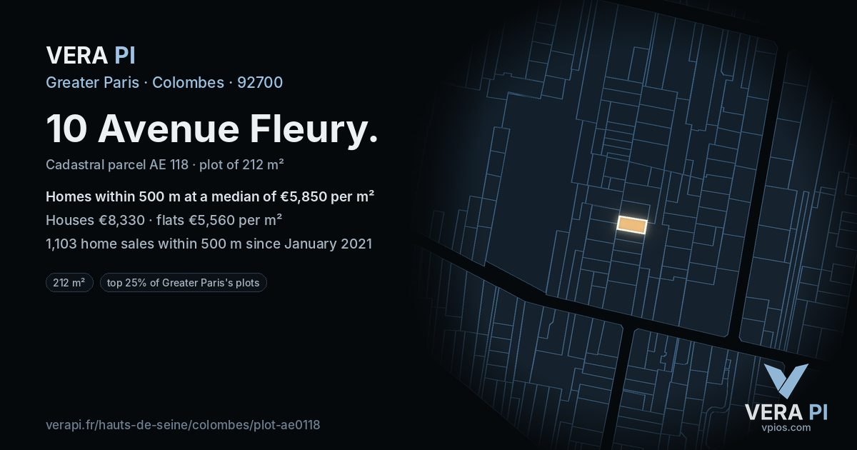 10 Avenue Fleury, Colombes at night – the plot lit, the parcels around coloured by the prices near them