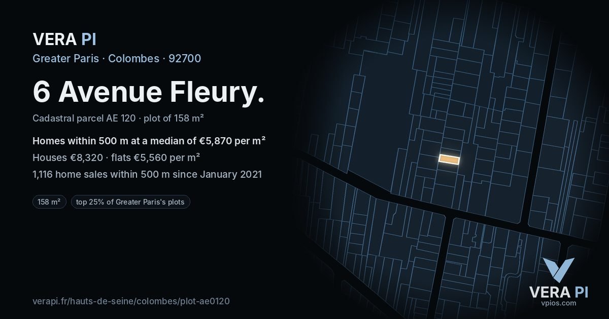 6 Avenue Fleury, Colombes at night – the plot lit, the parcels around coloured by the prices near them