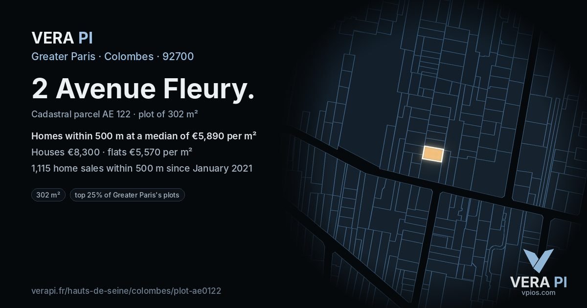 2 Avenue Fleury, Colombes at night – the plot lit, the parcels around coloured by the prices near them