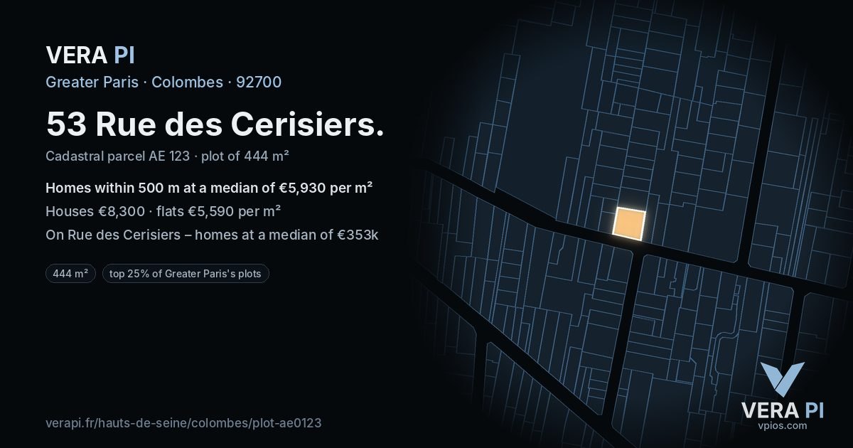53 Rue des Cerisiers, Colombes at night – the plot lit, the parcels around coloured by the prices near them