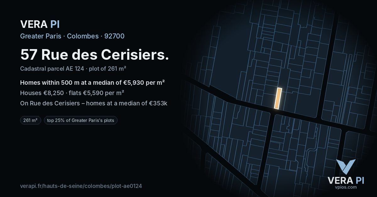 57 Rue des Cerisiers, Colombes at night – the plot lit, the parcels around coloured by the prices near them
