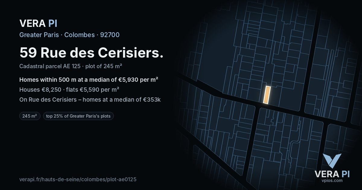 59 Rue des Cerisiers, Colombes at night – the plot lit, the parcels around coloured by the prices near them