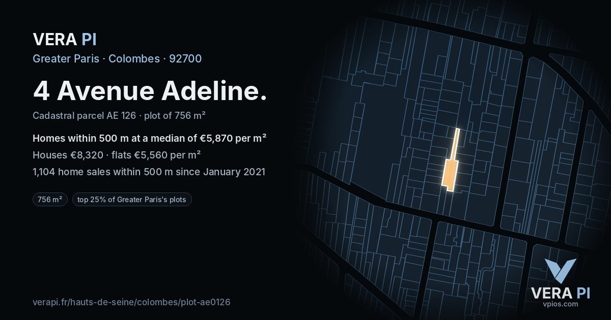 4 Avenue Adeline, Colombes at night – the plot lit, the parcels around coloured by the prices near them