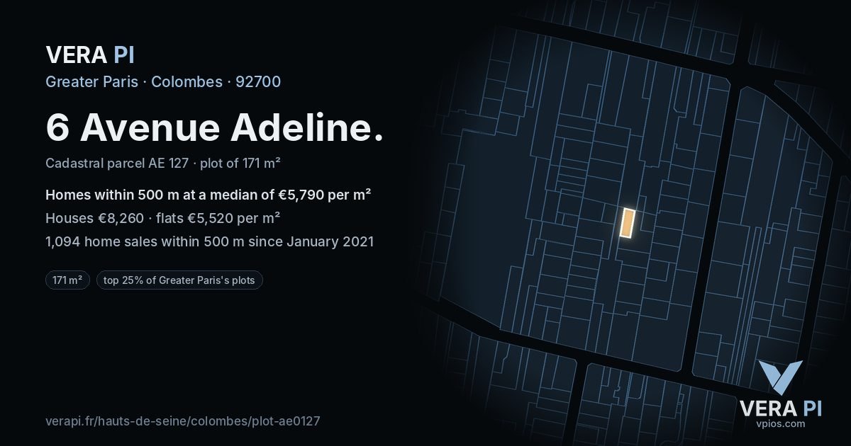 6 Avenue Adeline, Colombes at night – the plot lit, the parcels around coloured by the prices near them