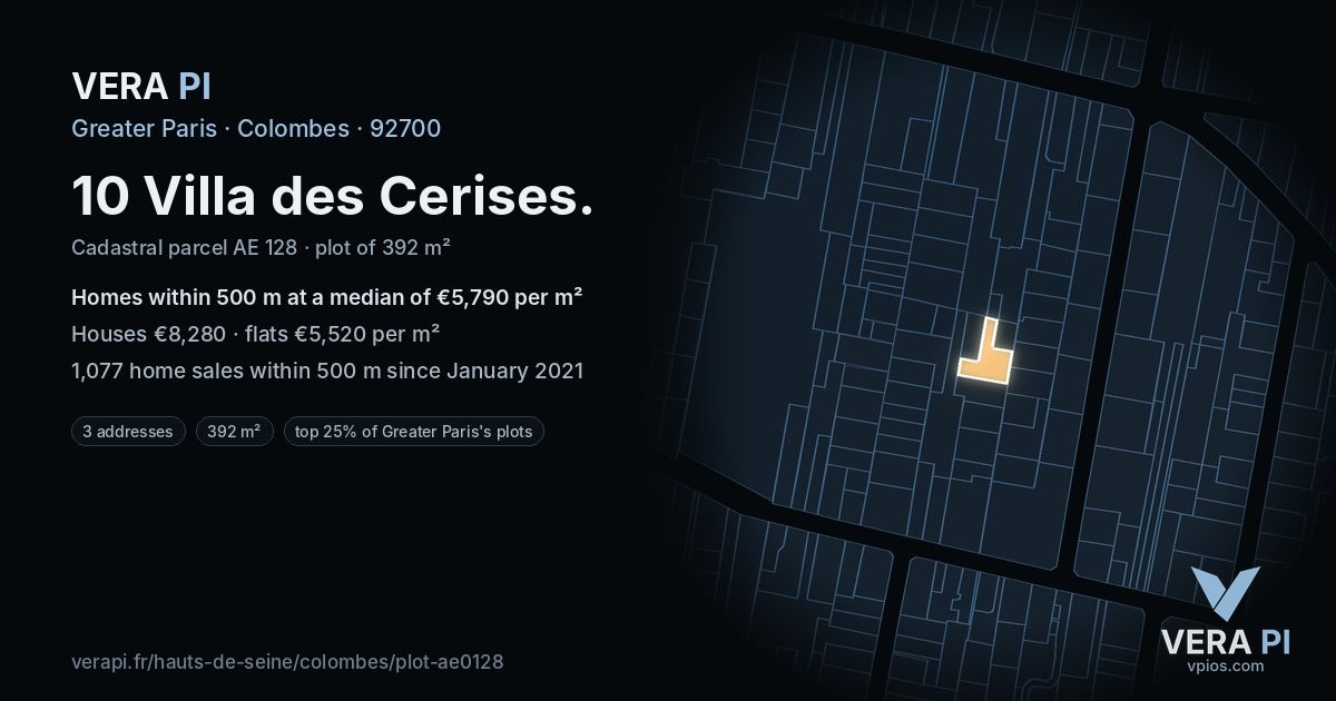 10 Villa des Cerises, Colombes at night – the plot lit, the parcels around coloured by the prices near them