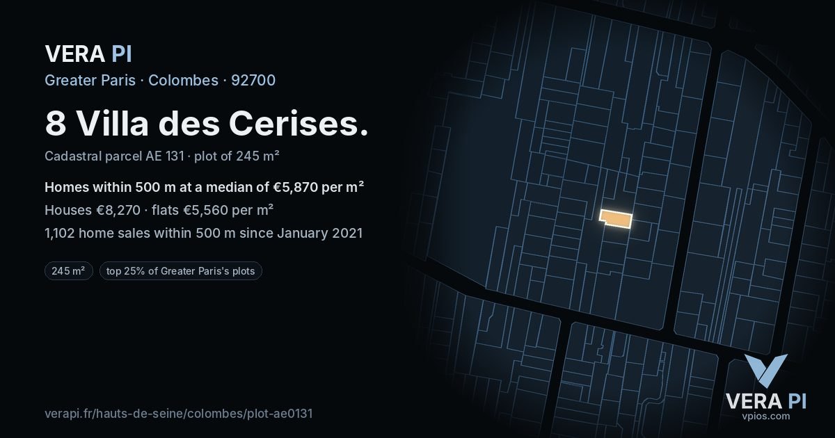 8 Villa des Cerises, Colombes at night – the plot lit, the parcels around coloured by the prices near them
