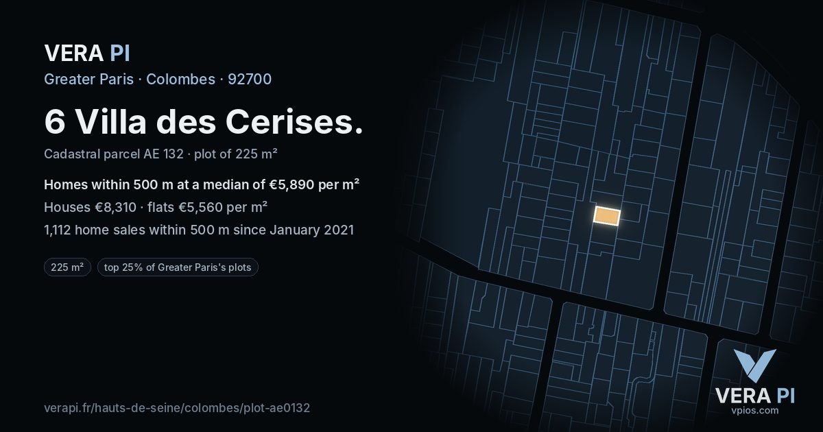 6 Villa des Cerises, Colombes at night – the plot lit, the parcels around coloured by the prices near them