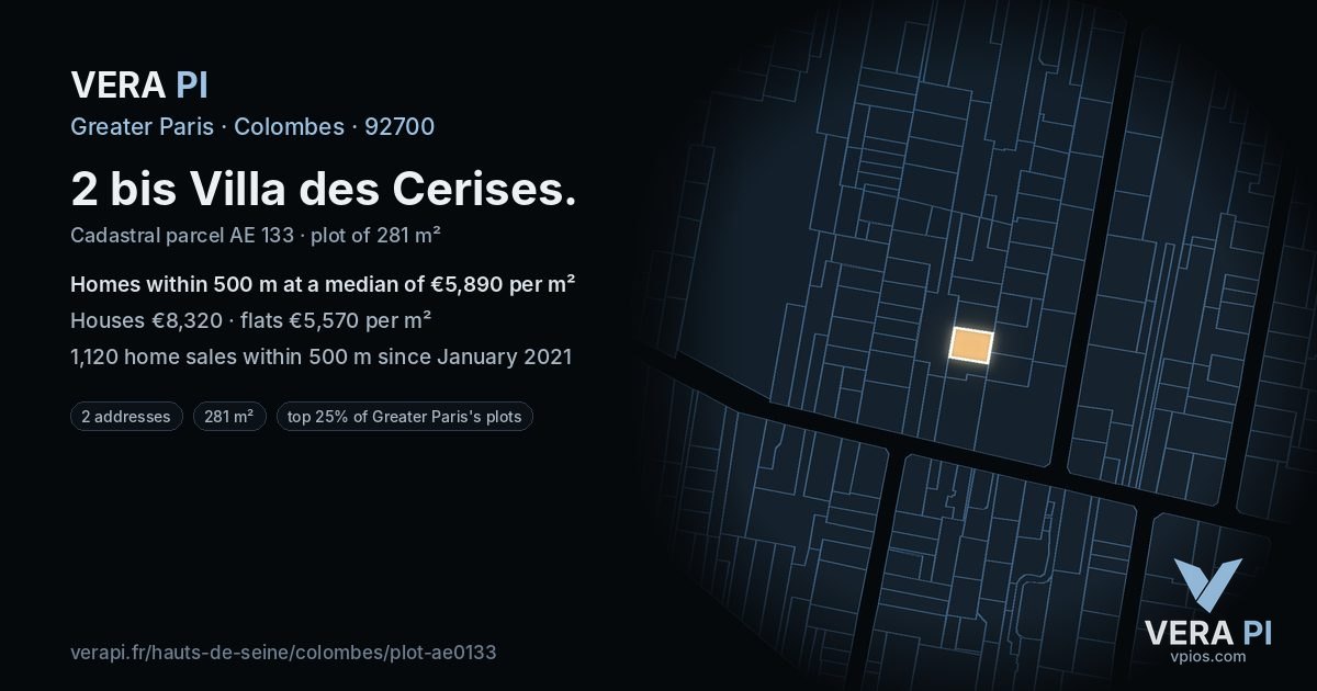 2 bis Villa des Cerises, Colombes at night – the plot lit, the parcels around coloured by the prices near them