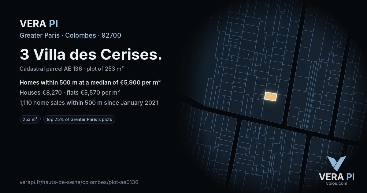 3 Villa des Cerises, Colombes at night – the plot lit, the parcels around coloured by the prices near them