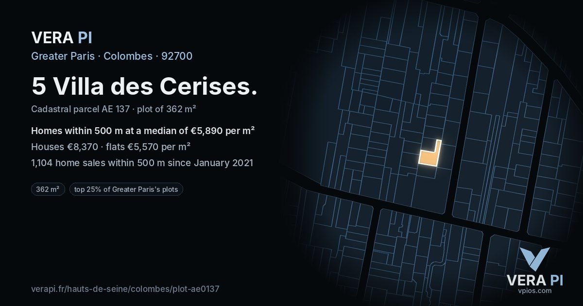 5 Villa des Cerises, Colombes at night – the plot lit, the parcels around coloured by the prices near them