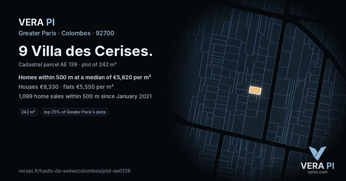 9 Villa des Cerises, Colombes at night – the plot lit, the parcels around coloured by the prices near them