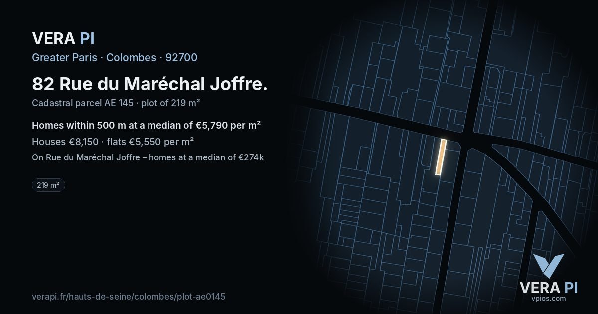 82 Rue du Maréchal Joffre, Colombes at night – the plot lit, the parcels around coloured by the prices near them