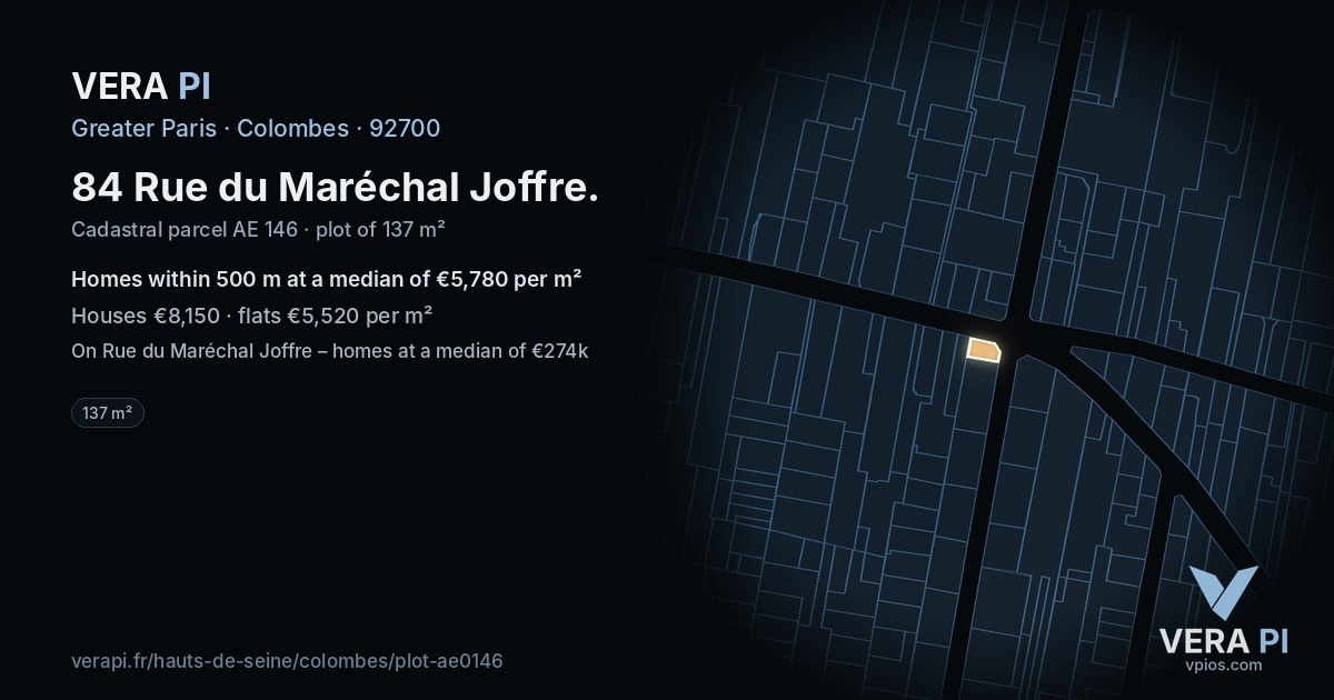 84 Rue du Maréchal Joffre, Colombes at night – the plot lit, the parcels around coloured by the prices near them
