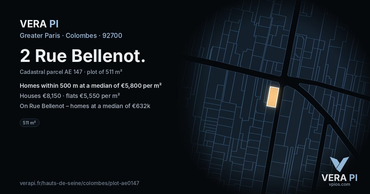 2 Rue Bellenot, Colombes at night – the plot lit, the parcels around coloured by the prices near them